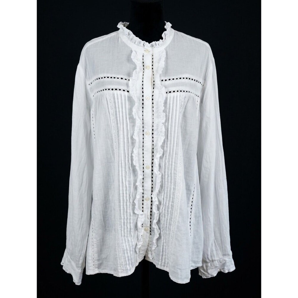 GAP White Cotton Ruffle Pintuck Victorian Blouse XXL Long Sleeve